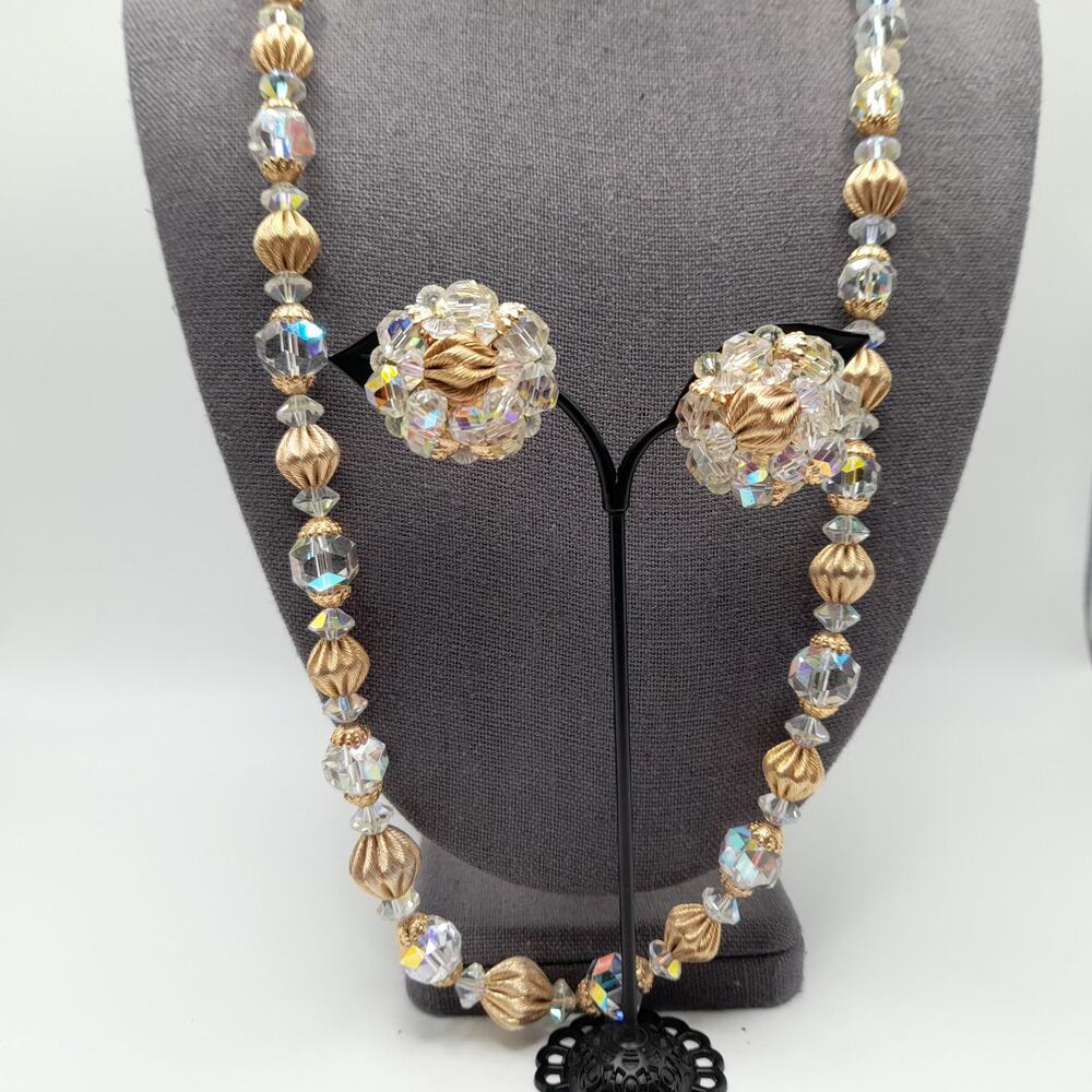Vintage Crystal Necklace Earrings Set, 1960s,  28"